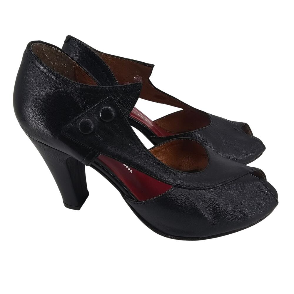 Re-Mix Deluxe Vintage Eva Black D’orsay Peep Toe Leather Pump Heel Shoe 6 Spain